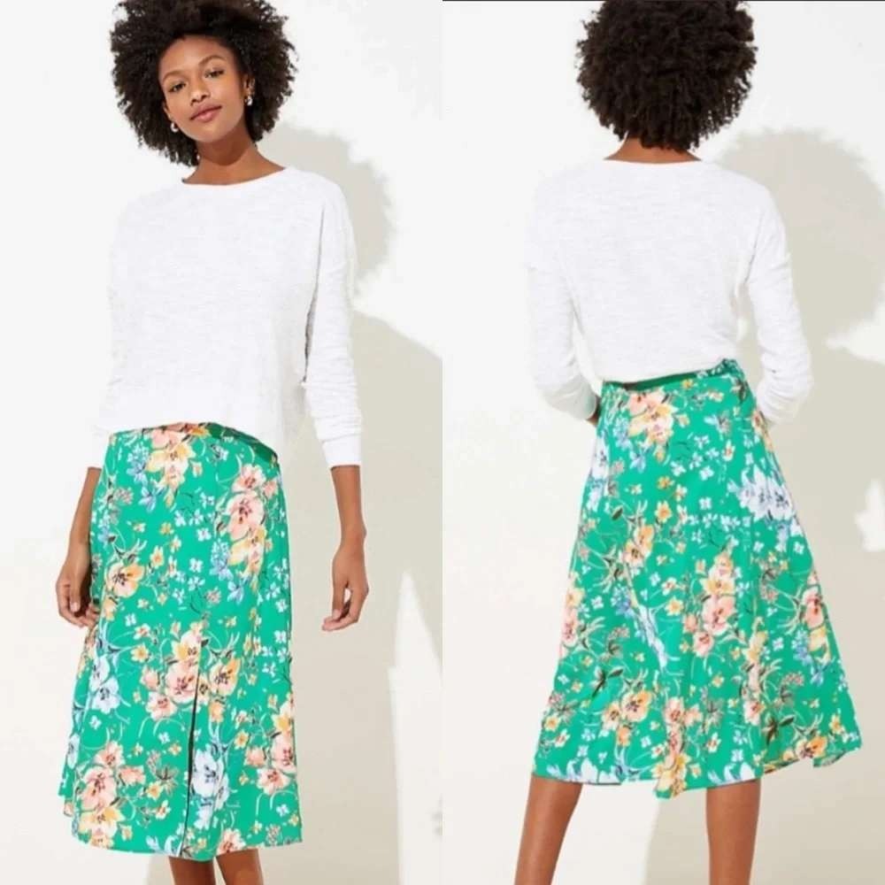 LOFT Womens Green Floral A-Line Fluid Midi Skirt Size 6 Side Slit Botanical